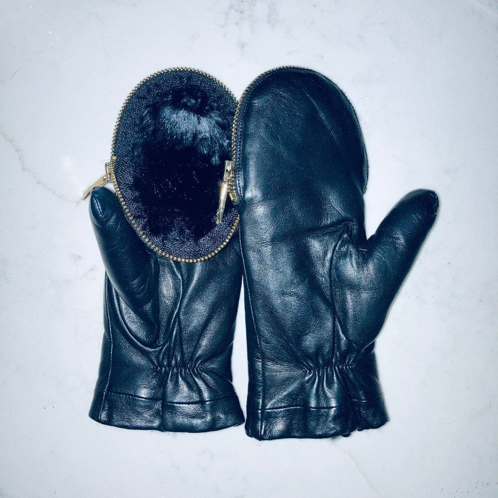 Kate Spade Black Leather Faux Fur Lined Mittens